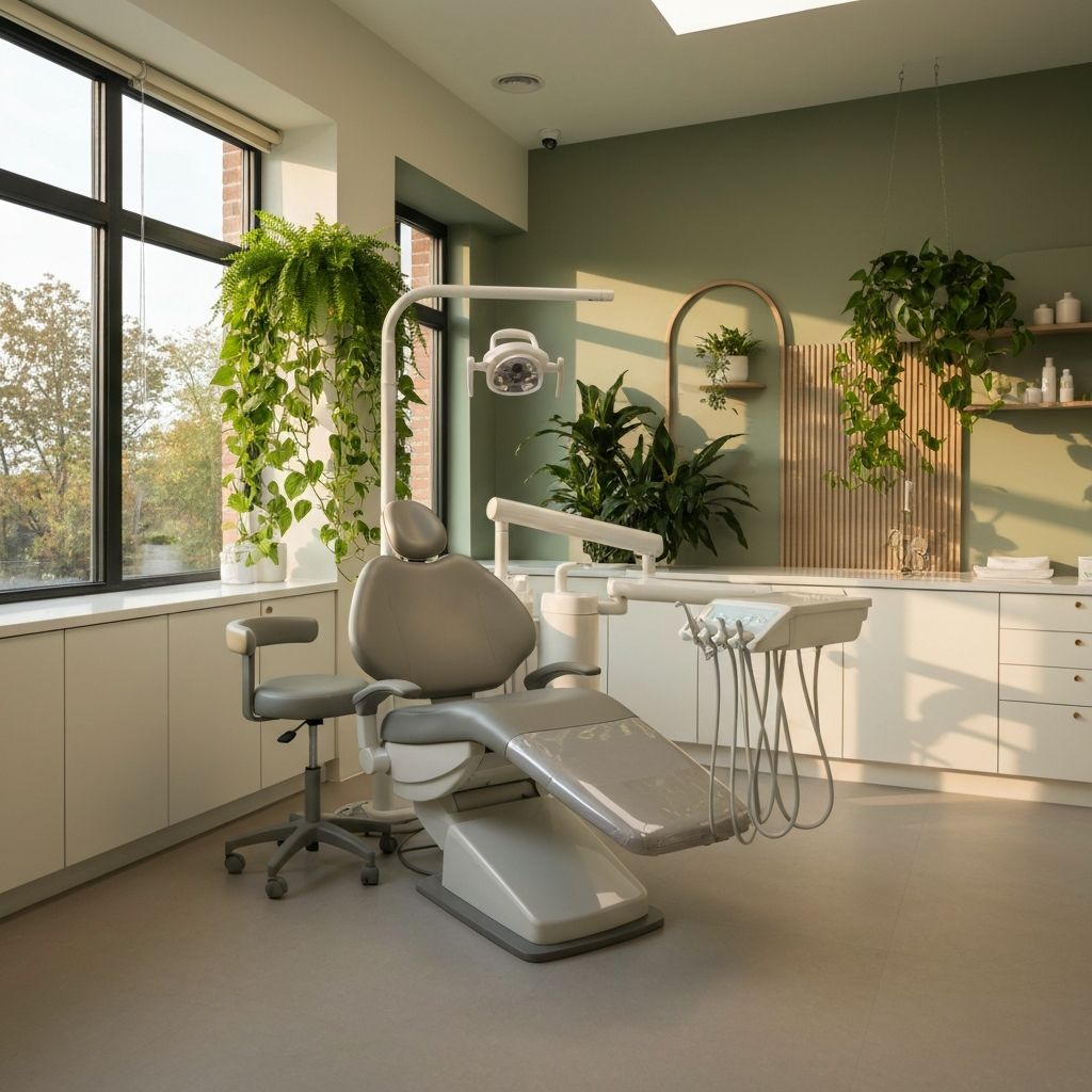 Modern dental treatment room with warm lighting